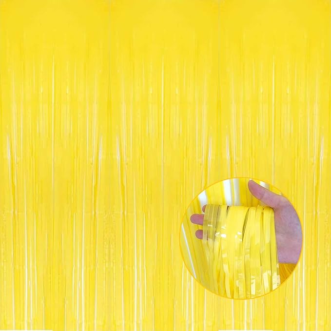 4 Pack Macaron Yellow Foil Fringe Curtain Backdrop, 3.28Ft x 8.2Ft Metallic Tinsel Foil Fringe Streamer Curtains for Photo Booth, Birthday, Wedding, New Year’s, Christmas Decoration Party Supplies