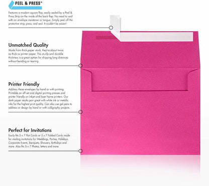 LUXPaper A7 Invitation Envelopes | Peel & Press | 5 1/4" x 7 1/4" | Azalea Metallic | 80lb. Text | 250 Qty