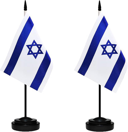 Israel Israeli Deluxe Desk Flag Set Small Mini Miniature Israel Israeli Table Desktop Flags With Solid Pole, Black Base and Spear Top(2 Pack)