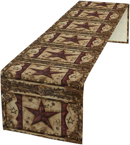 Wild West Table Runner, Rustic Farmhouse Texas Star Vintage Rodeo Cowboy Old Sign Wild West Print Pattern for Home Kitchen Table Decor Dining Coffee Room Garden Party Decor 13x120in