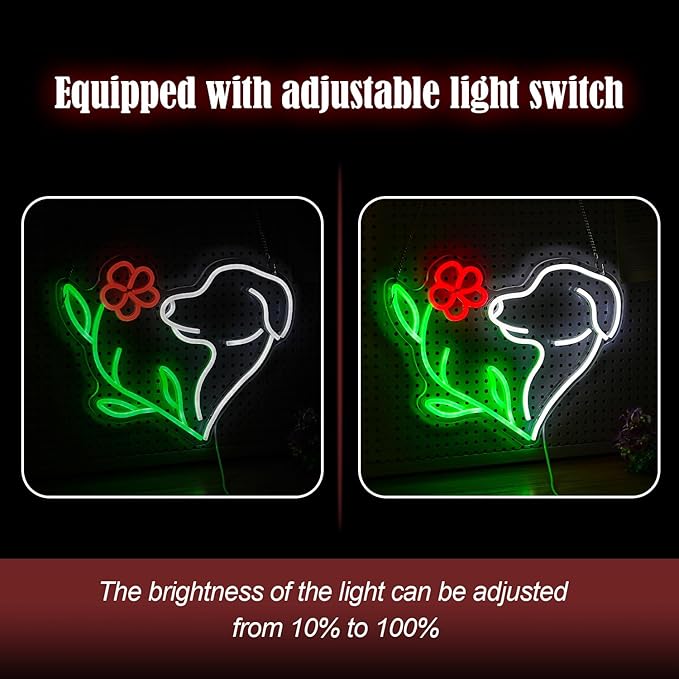 Cute Dog Neon Sign LED Flower Neon Light Suitable for Wall Decor Powered by USB Dimmable Love Dog Light Up Sign for Pet Shop Flower Shop Bedroom Gifts For Lover(15.7 * 12.4In)