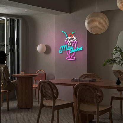Milk Shakes Neon Signs Ice Cream Neon Light Milk Tea LED Neon Light Milk USB Powered Dimmable(12.6x14.8 Inch)