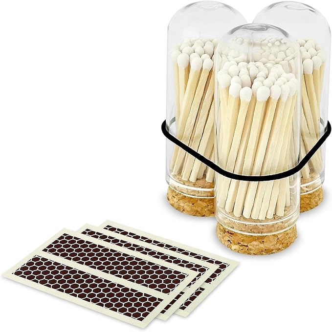 2" White Tip Matches with 3 Mini Cloche Jar + Striker Stickers Included | 100 Classic White Decorative Matches with a Small Glass Holder | Gifts, Home Decor, & Candle Accessories by Thankful Greetings