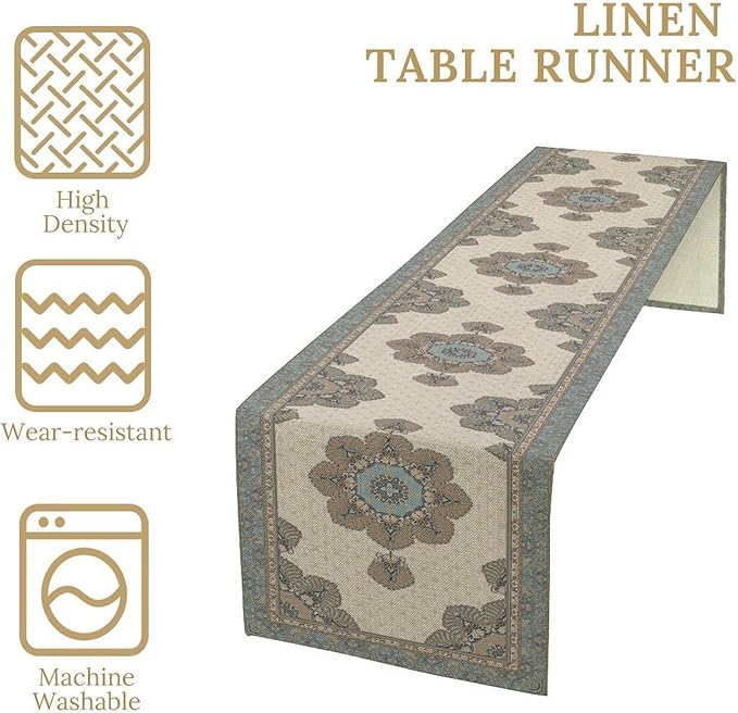 Boho Bohemia Style Table Runner, Vintage Teal Brown Retro Flower Rustic Country Style Floral Print Pattern for Home Kitchen Table Decor Dining Coffee Room Garden Party Decor 13x120in