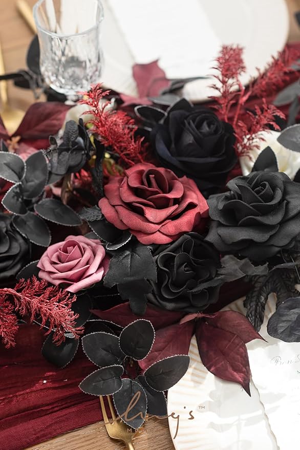 Ling's Moment Flower Garland - 6FT Eucalyptus & Rose - Sweetheart Table Decor for Wedding Reception, Artificial Floral Garland for Mantle, Thanksgiving, Christmas Decoration, Black & Burgundy