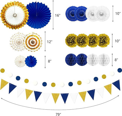 Blue and Gold Party Decorations - 23Pcs Navy Blue White Gold Baby Shower Birthday Decor for Men Boy Kids with Hanging Paper Fans, Pom Poms Flowers, Garland String Polka Dot Packs