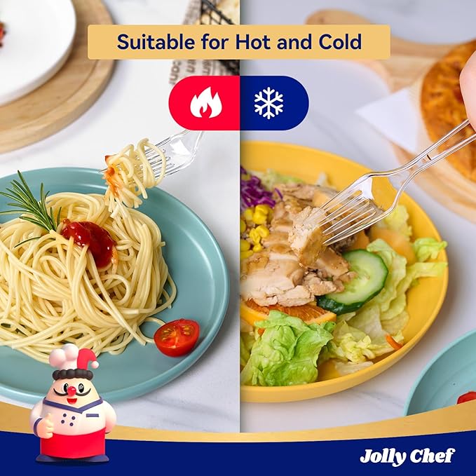 JOLLY CHEF 300 Count Clear Plastic Forks Heavy Duty, 7.1" Heat Resistant Solid and Durable Plastic Forks Disposable, Disposable Bulk Cutlery Suitable for Parties Supply Events Everyday Use