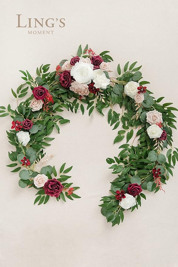 Ling's Moment Flower Garland - 6FT Eucalyptus & Rose - Sweetheart Table Decor for Wedding Reception, Artificial Floral Garland for Mantle, Thanksgiving, Christmas Decoration, Marsala
