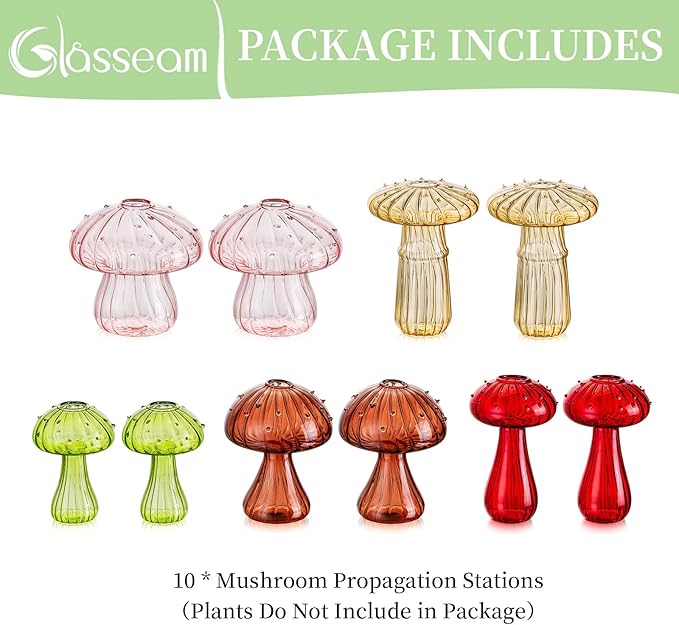 Glasseam Mushroom Planter Propagation Vase, Set of 10 Glass Terrariums for Plants, Cute Hydroponic Small Planter, Colored Propagate Station, Decorative Bud Vases for Flowers, Unique Gifts for Women