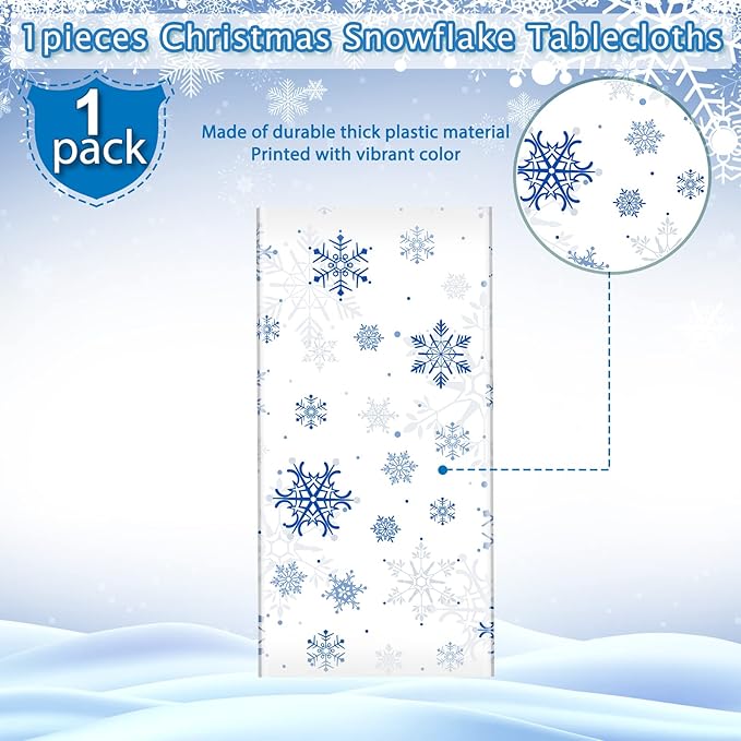 1 Pieces Snowflake Christmas Party Tablecloth Decorations,Plastic White Snowflake White Blue Xmas Backdrop Sign Table Cover Banner for Winter Christmas Holiday Party Supplies,54x108 inch（White/Blue）