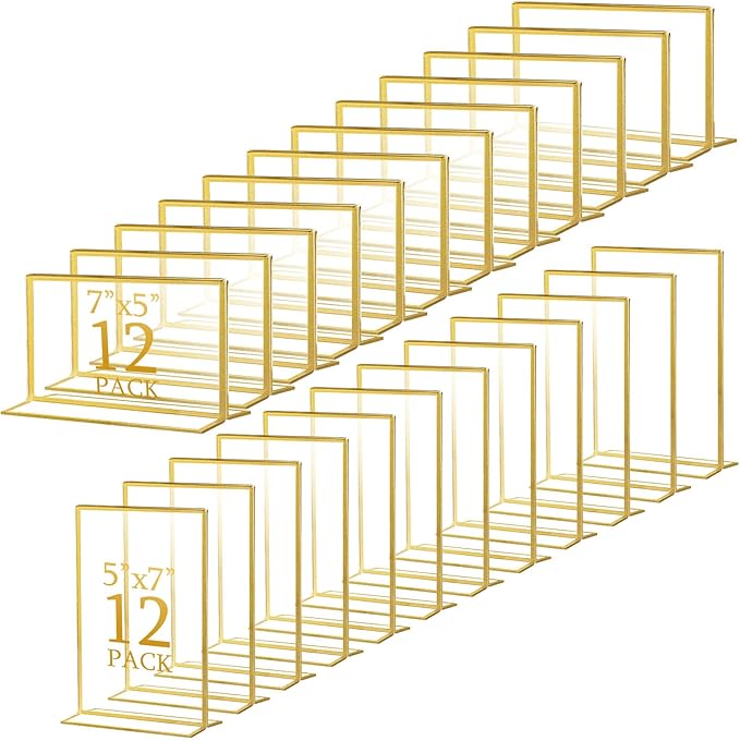 Hoteam 24 Pack 5 x 7/7 x 5 Clear Acrylic Sign Holder with Gold Border, Gold Picture Frame, Double Sided Wedding Table Number, Acrylic Menu Stands for Wedding Table, Restaurant Sign, Photos Display