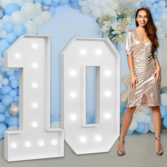 imprsv Marquee Numbers Large 10th-Birthday Decorations: 4ft Light Up Number Party Decor 10 Year Old Girl and Boy Birthday Decoration Backdrop Anniversary Cardboard Big Mosaic Balloon Frame Number 10