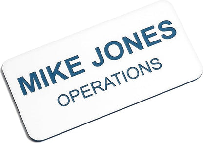 Custom Engraved Name Tag Badges – Personalized Identification with Pin or Magnetic Backing, 1.5 Inches x 3 Inches, White/Blue