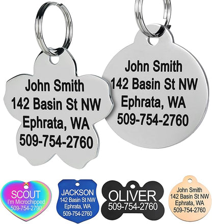 GoTags Stainless Steel Pet ID Tags, Personalized Dog Tags and Cat Tags, up to 8 Lines of Custom Text, Engraved on Both Sides, in Bone, Round, Heart, Bowtie and More (Flower, Small (Pack of 1))