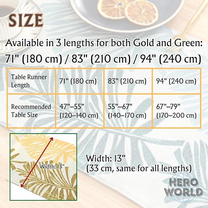 Monstera Leaf Table Runner – Elegant Fabric Table Centerpiece, Machine Washable, Gold or Green, 71"/83"/94" Length, 13" Width (Gold/83)