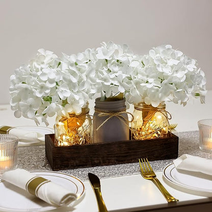 Mason Jar Lights Centerpiece Table Decor for Dining Room Farmhouse Coffee Table Decor with Wood Tray Fairy Lights Fake Hydrangea Flowers for Kitchen Living Dining Room - White