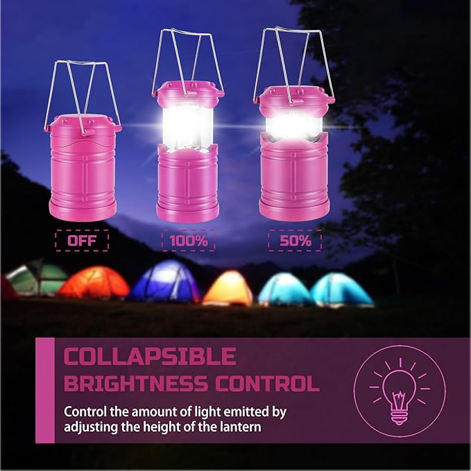 Lichamp LED Camping Lantern, 4 Pack Battery Powered Flashlight for Power Outages, Portable Collapsible Hanging Light Essential for Home, Outdoor, Emergency Lamp Survival Kit Gear for Hurricane, Pink