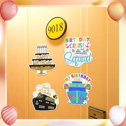 Hoteam 4 Pcs Birthday Cruise Door Decorations Magnetic Large Happy Birthday Cruise Ship Door Magnets Funny Waterproof Balloon Cake Nautical Magnets for Carnival Cabin Stateroom Fridge Car