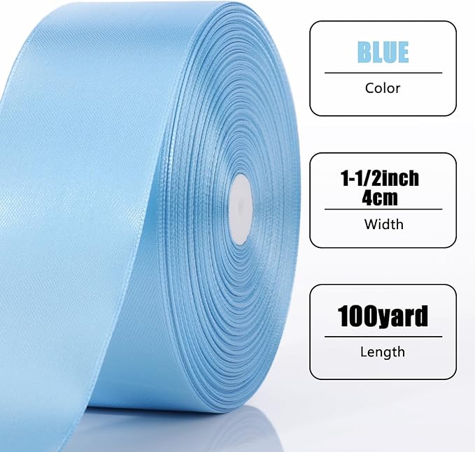 NESCCI 100 Yards Ribbon,1-1/2 Inch Sky Blue Satin Ribbon,Single Face Satin Ribbons,Perfect for Gift Wrapping,Wedding Decoration,Handmade Bows,Wrapping Bouquet, Halloween, Christmas