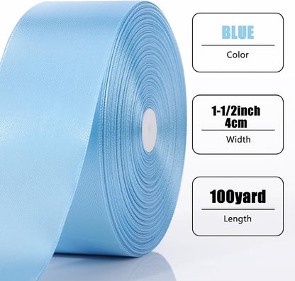 NESCCI 100 Yards Ribbon,1-1/2 Inch Sky Blue Satin Ribbon,Single Face Satin Ribbons,Perfect for Gift Wrapping,Wedding Decoration,Handmade Bows,Wrapping Bouquet, Halloween, Christmas