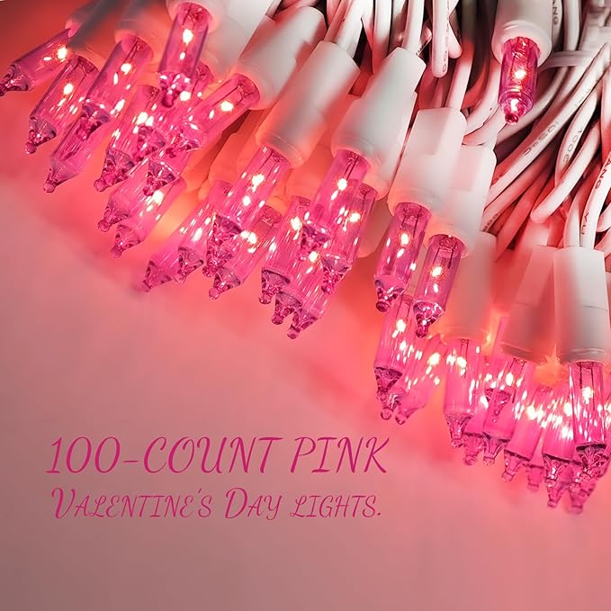100 Count Pink Lights for Valentine's Day Decorations 20ft Mini Christmas String Lights White Wire Incandescent Bulb Waterproof Fairy Lights for Indoor Outdoor Xmas Tree Valentine's Day Décor