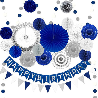 Navy Blue and Silver Happy Birthday Party Decoration 24Pcs Hanging Paper Fans Pom Poms Flowers, Garland String Polka Dot, Happy Birthday Banner for Boy Birthday Baby Shower Blue Birthday Decorations