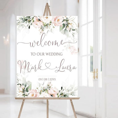 Welcome Wedding Sign Personalized, Soft Floral Pink Wedding Sign Decorations Signage 12" X 18" (Small), 27" (Medium), 36" (Large), Plastic, Modern, Pole Mount, Weather