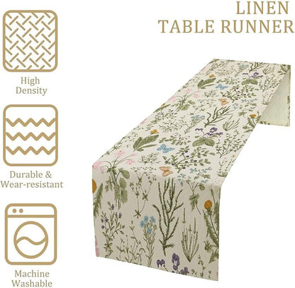 Floral Botanical Table Runner, Garden Spring Flower Botanical Butterfly Animal for Restaurant, Kitchen, Wedding, Party Rectangular Table Runner Decoration,13in（33cm） W * 90in（229cm） L
