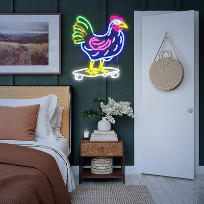 Dimmable Chicken Neon Sign for Wall Decor Funny Skateboarding Rooster LED Neon Light USB Powered Light Up Animal Sign for Bedroom Birthday Party Kids Gifts(16.5 * 13In）