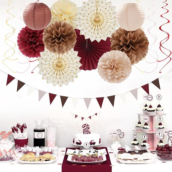 Brown Burgundy Champagne Dusty-Pink Party-Decorations - 33pcs Banner,Streamers Tassel Garland,Fall Boho Baby Shower,Wedding Tissue Pom Poms Honeycomb,Paper Lantern Fan,Birthday,Engagement Hugtmr