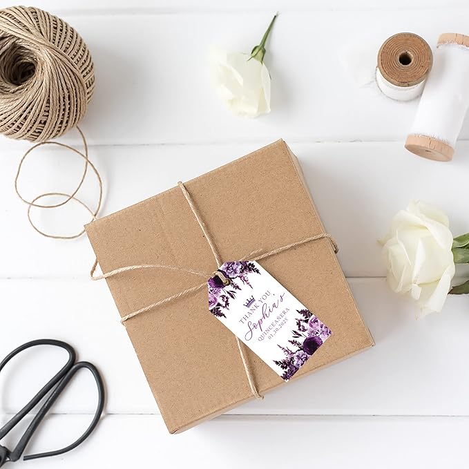 Andaz Press 40-Pack Personalized Quinceañera Favor Tags with String, Purple Florals Custom Classic Thank You Gift Tags for Quince Años XV 15th Birthday Favor Gifts Quinceanera Decorations