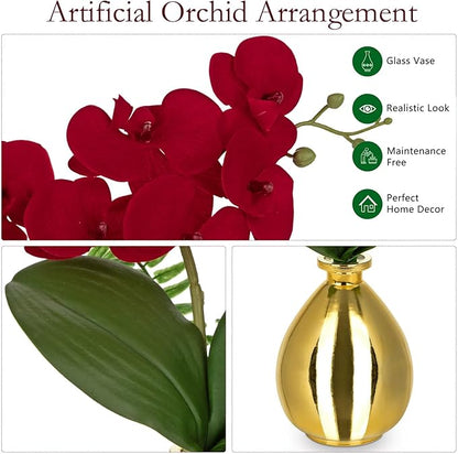 Red Orchids Artificial Flowers, Faux Orchid in Glass Vase Real Touch Small Phalaenopsis Orchid Flowers Arrangements with Gold Vase Orchids Centerpiece for Dining Room Table