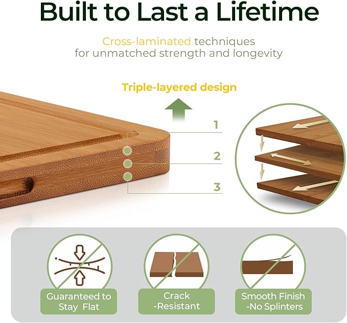 Bamboo Cutting Board, Durable Wood Cutting Boards for Kitchen with Deep Juice Grooves & Built-in Handles, Ideal Charcuterie & Chopping for Meat, Vegetables and Fruits Ideal Kitchen Gifts