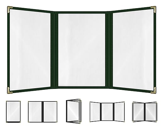 Goodsmart Restaurant Menu Covers – 25 Pack Green 6-View Trifold 8.5" x 11", Side-Loading Vinyl & Plastic Menu Holders, Clear Menu Sleeves, Leather-Style Café Covers with Gold Corners