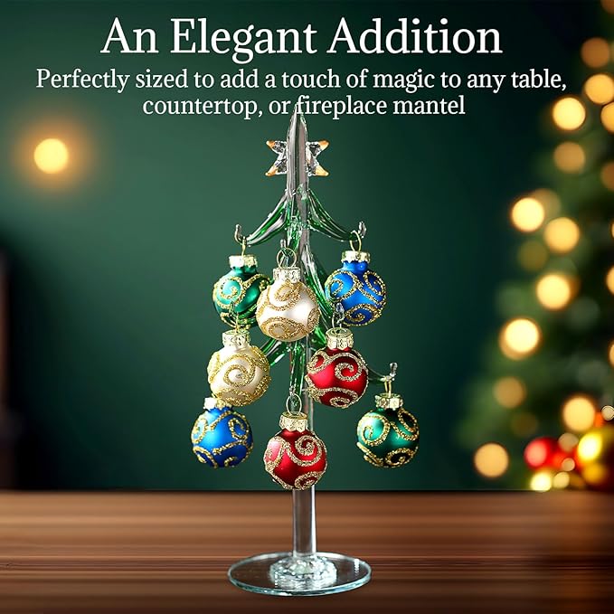 Glass Christmas Tree with 12 Ornament Glitter Balls Tabletop Wine Glass Charms Miniature Christmas Tree Gift for Xmas Holiday Party Novelty Season Home Decor, 7.7 Inch