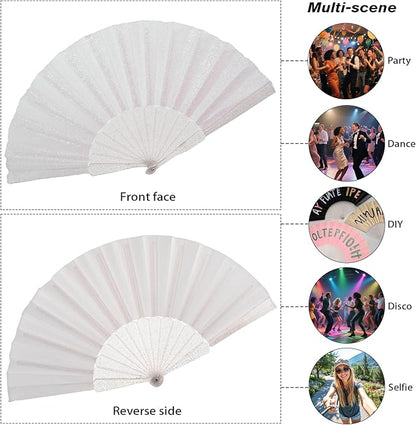24 Pack Handheld Fan,Folding Hand Glitter fan with Shining Transparent Fan Rib – Ideal for Wedding, Church, Festival, Dance, Tea Party, Club, and EDM Accessories, White