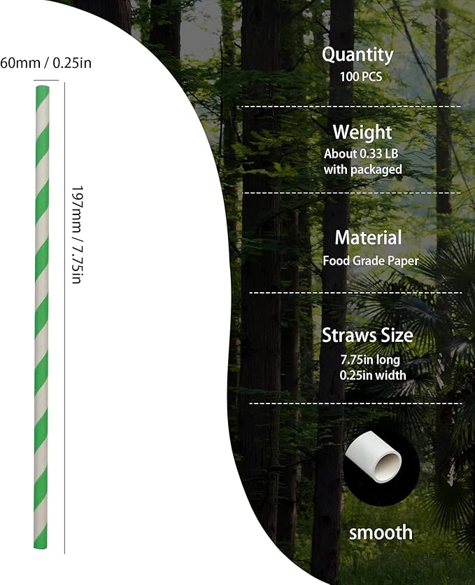 Environment Green White Paper Straws Bulk 100, Disposable Green Striped Drinking Straws with Kraft Box Packing Coktail Straw for Holiday Use Juice Patener