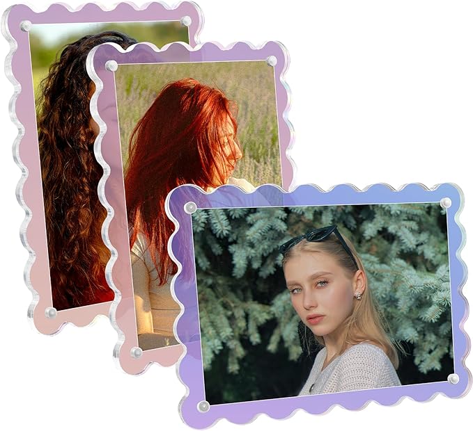 Acrylic Picture Frames 3 Pack 5x7 inch Scalloped Iridescent with Detachable Stand, Vertical and Horizontal Tabletop Display, Magnetic Photo Frames for Café/Home/Party/Wedding