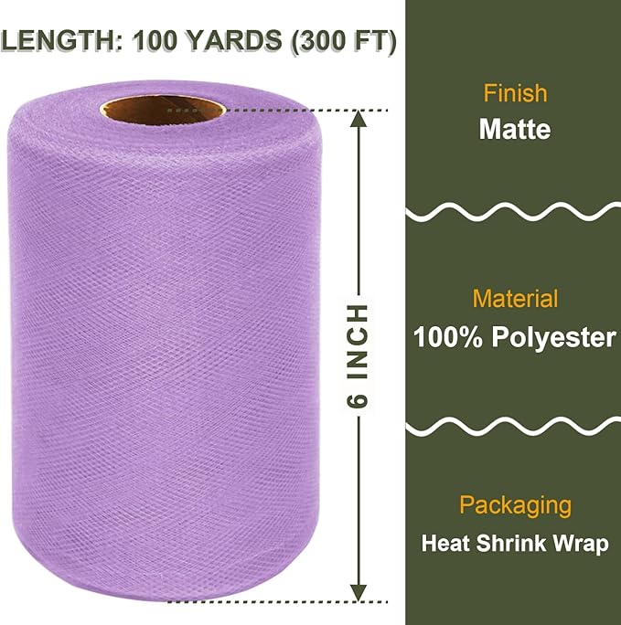 Lavender Tulle Fabric Roll 6 Inch X 300 FT (100 Yards) Matte Tulle Ribbon Netting Mesh Spool for DIY Tutu Skirt Wedding Bow Gift Wrapping Baby Shower Christmas Party Halloween Decorations