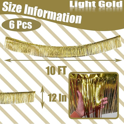 6 Pack 10 Feet Foil Fringe Garland Metallic Tinsel Streamers Banner Wall Hanging Curtain Backdrop Banner for Parade Floats, Thanksgiving, Christmas, Birthday, Halloween Party Decorations(Light Gold)