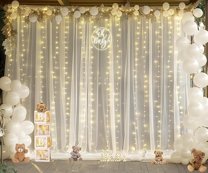 Ivory Tulle Backdrop Curtains with Lights String for Parites Wedding 10×10ft Sheer Backdrop Curtains for Baby Shower Birthday Party Photo Shoot Background Decorations