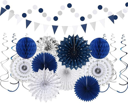 Navy-Blue White-Silver Graduation Party-Decorations - 33pcs Kits Banner, Streamers Tassel Garland,Tissue Pom Poms Honeycomb, Paper Lantern Fans,Wedding Birthday Baby Shower Backdrop Decor Hugtmr