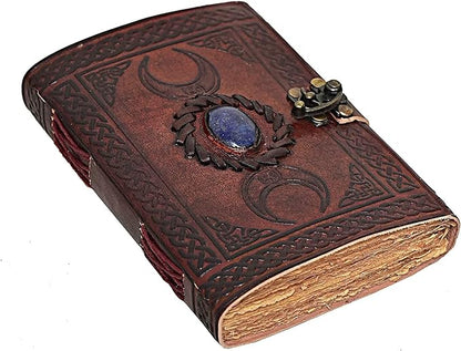 cuero 3 Moon Blue Lapiz Embossed Vintage Leather Journal | 240 Pages of Antique Handmade Deckle Edge Vintage Paper, Leather Sketchbook, Drawing Journal, Great Gift (9 inch 12 inch, brown)