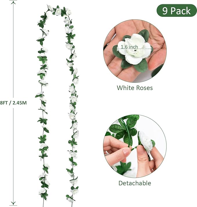 KHOYIME 9 Pack 72 FT Artificial Flower Garland, Fake White Roses Vines Silk Flowers Faux Plastic Outdoor Hanging Floral Ivy Garland Decoration for Wedding Arch Bedroom Home Wall Backdrop Room Decor