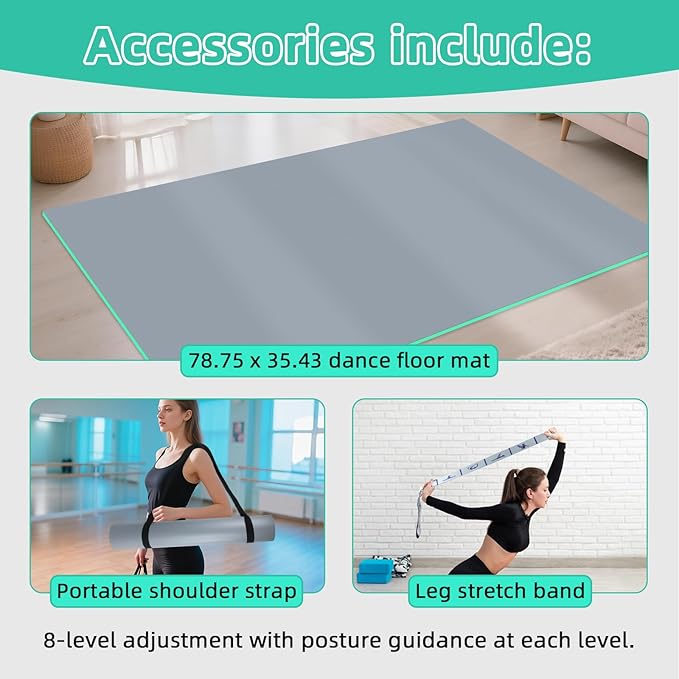 Dance Floor Mat Non-Slip with Shoulder Strap Portable and Dance Resistance Band, Dance Floor for Ballet,Jazz, Pop Thick PVC Practice Floor Reusable Mat (Gray-Green, 180cm*91.5cm*0.35cm)