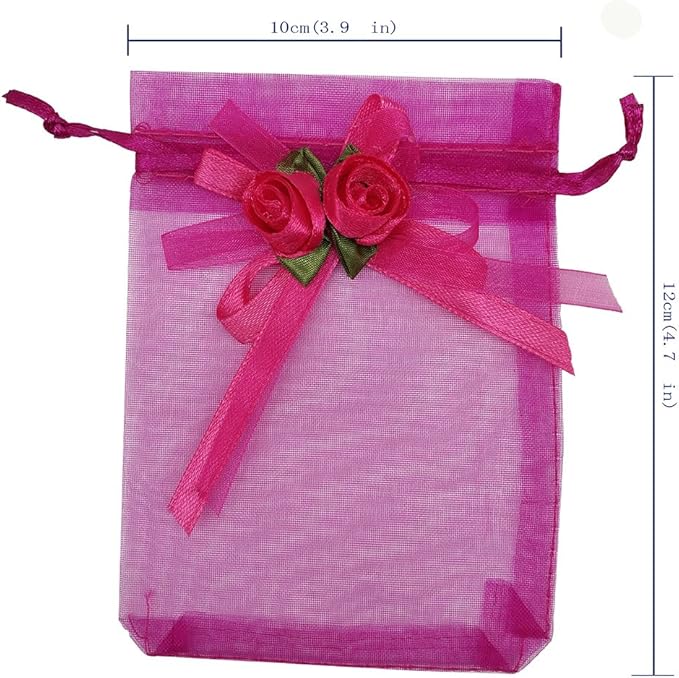 Ankirol 50pcs Sheer Organza Favor Bags For Wedding 3.8x4.8'' Gift Bags Samples Display Drawstring Rose Pouches (hot pink)