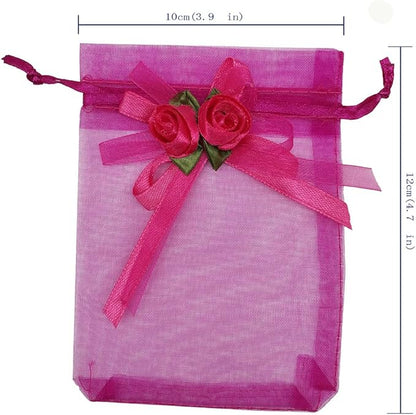 Ankirol 50pcs Sheer Organza Favor Bags For Wedding 3.8x4.8'' Gift Bags Samples Display Drawstring Rose Pouches (hot pink)
