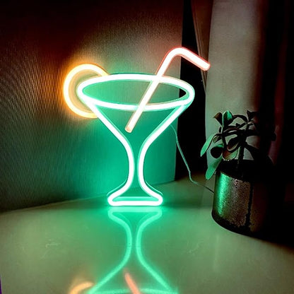 Led Green Cocktails Neon Sign,Wine Glass Neon Light Battery and USB Dual Powered Bar Neon Night Light Signs for Wall Decor,Cocktails Night Lamp for Bar, Club,Bar Cart Acessories Decor