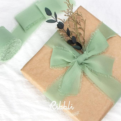 Ribbli Green Chiffon Ribbon1.5 inch x 30 Yard Handmade Silk Ribbon for Wrapping,Ivory Sage Forest Green Fringe Chiffon Ribbon for Wedding Invitations, Bridal Bouquets, Flower Arrangement Decoration