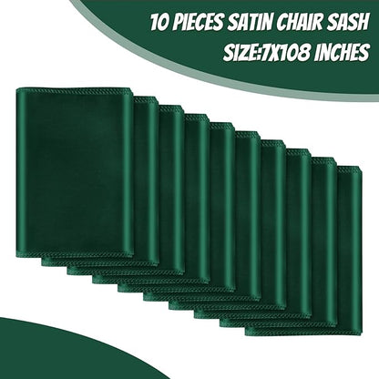 10 PCS Forest Green Satin Chair Sashes Bows Universal Chair Ribbon Ties Back Sash for Wedding Party Reception Events Banquets Hotel Event Chair Cover Decoration (7x108 inch)